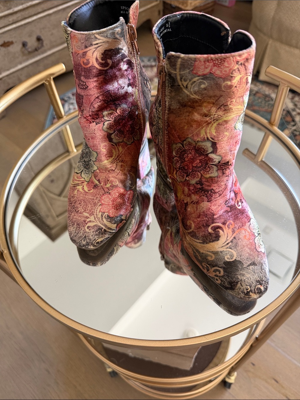 BAMBOO Floral Multicolor Velvet Ankle Boots